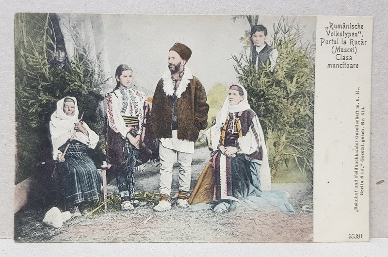 TARANI IN PORT POPULAR DIN ZONA RUCAR ( MUSCEL ) , CARTE POSTALA ILUSTRATA , POLICROMA, CIRCULATA , DATATA 1918