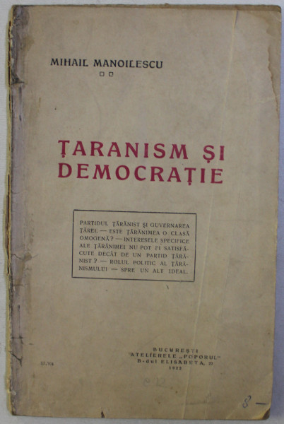 TARANISM SI  DEMOCRATIE de MIHAIL MANOILESCU , 1922