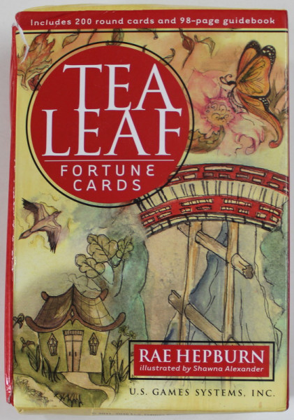 TEA LEAF , FORTUNE CARDS by RAE HEPBURN , SETUL CONTINE UN GHID SI 200 DE CARTOLINE ROTUNDE , IN CUTIE DIN CARTON,   2016, CUTIA DIN  CARTON DEFECTA CU URME DE INDOIRE