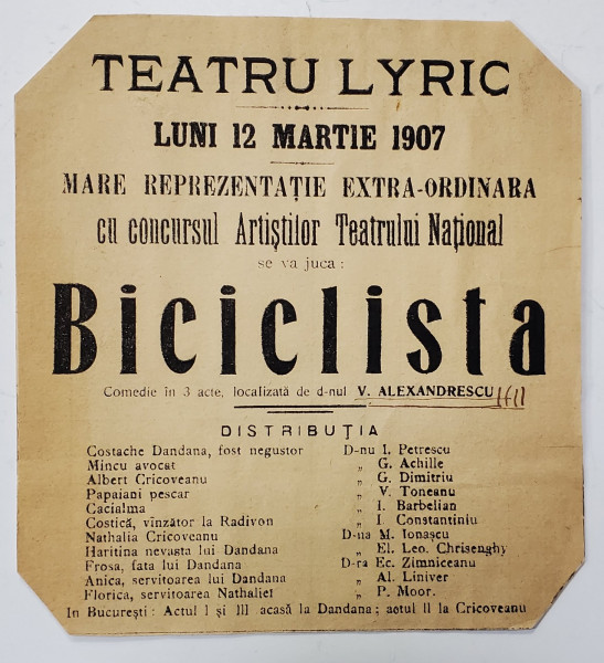 TEATRUL LYRIC , AFISUL PIESEI '' BICICLISTA '' , 1907