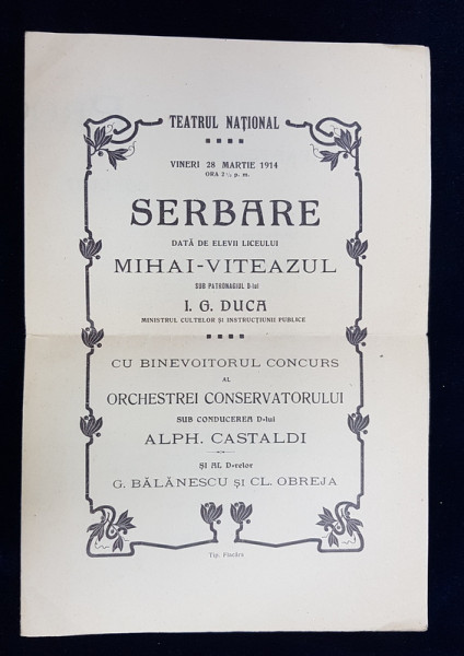 TEATRUL NATIONAL  - SERBARE DATA DE ELEVII LICEULUI MIHAI  - VITEAZUL , PROGRAM , 1914