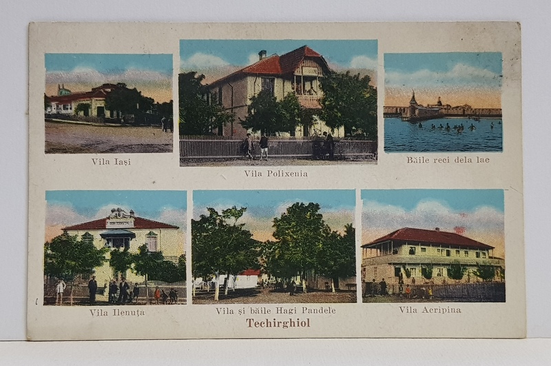 TECHIRGHIOL - FOTOMONTAJ CU SASE VILE DIN LOCALITATE , CARTE POSTALA ILUSTRATA , POLICROMA, CIRCULATA , DATATA 1934