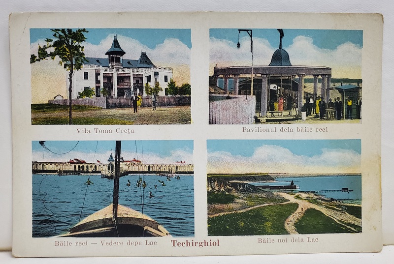 TECHIRGHIOL - VILA TOMA CRETU , BAILE RECI , PAVILIONUL DE LA BAILE RECI , BAILE NOI DE LANGA LAC , FOTOMONTAJ , CARTE POSTALA ILUSTRATA , INTERBELICA