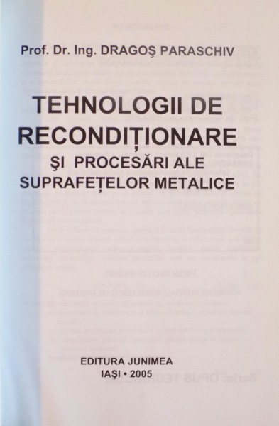 TEHNOLOGII DE RECONDITIONARE SI PROCESARI ALE SUPRAFETELOR METALICE de DRAGOS PARASCHIV, 2005
