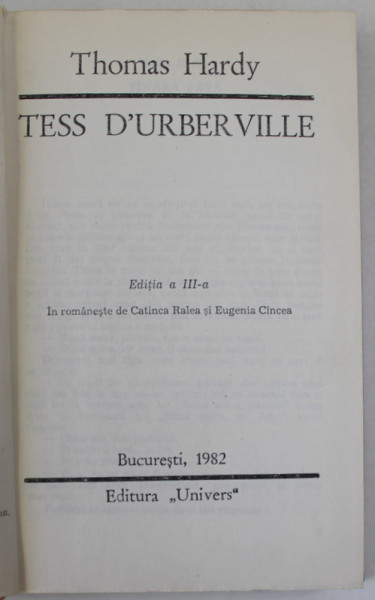TESS D 'UBERVILLE de THOMAS HARDY , 1982 * EXEMPLAR RELEGAT