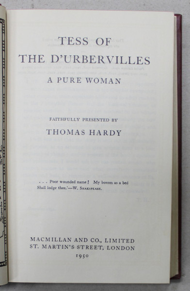 TESS OF THE D. URBERVILLES , A PURE ROMAN , by THOMAS HARDY , 1950