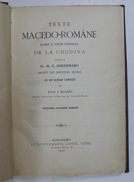 TEXTE MACEDO - ROMANE  - BASME SI POESII POPORALE DE LA CRUSOVA de M. G. OBEDENARU , 1891