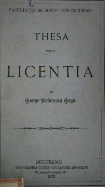 Teza licenta, George Stefanescu Gogu, Despre politie, billetela ordin si prescriptiune, Bucuresti 1872