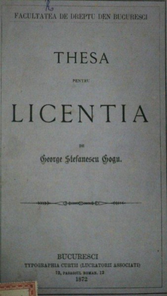 Teza licenta, George Stefanescu Gogu, Despre politie, billetela ordin si prescriptiune, Bucuresti 1872