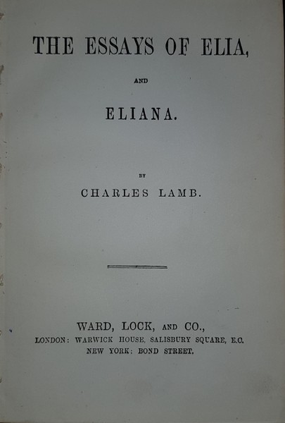 THE ESSAYS OF ELIA AND ELIANA by CHARLES LAMB - LONDRA, 1823