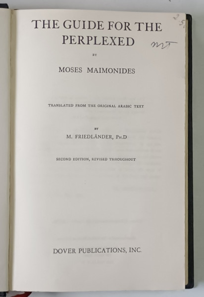 THE GUIDE FOR THE PERPLEXED by MOSES MAIMONIDES , 1956