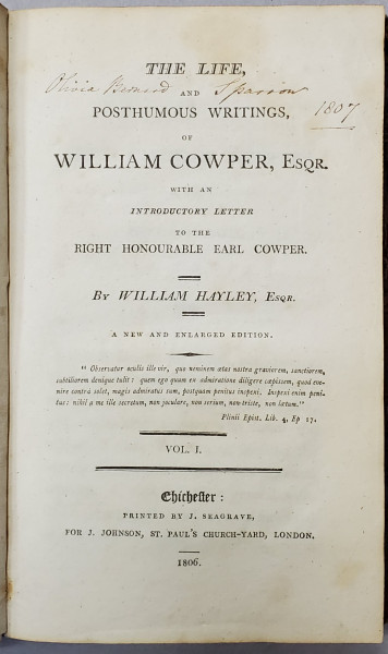 THE LIFE AND POSTHUMOUS WRITINGS OF WILLIAM COWPER by WILLIAM HAYLEY - LONDRA, 1806