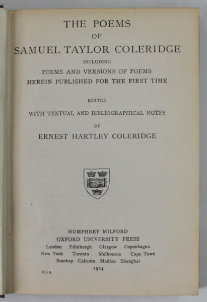 THE POEMS of  SAMUEL TAYLOR COLERIDGE , 1924