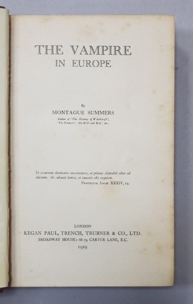THE VAMPIRE IN EUROPE by MONTAGUE SUMMERS , 1929