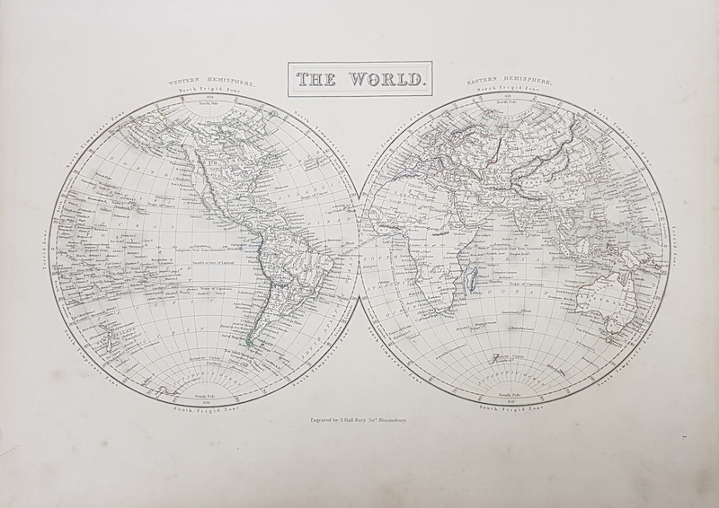 THE WORLD  - PLANIGLOB , GRAVURA COLOR CU CELE DOUA EMISFERE DE VEST SI DE EST , MIJLOCUL  SECOLUL XIX