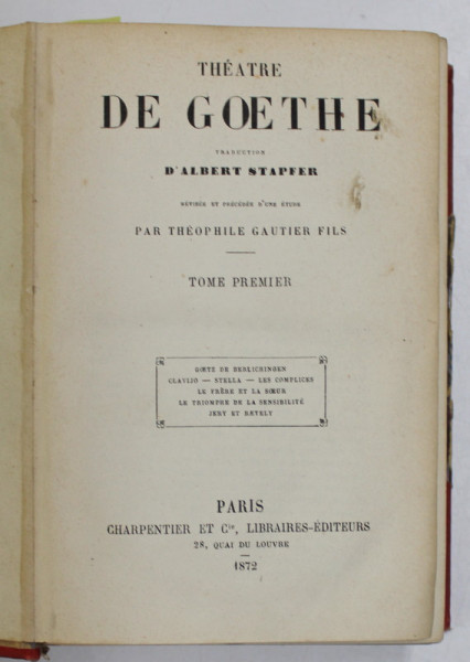 THEATRE DE GOETHE , DEUX VOLUMES , 1872