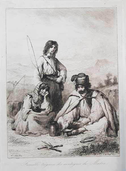 THEODORE VALERIO ( 1819 - 1879 ) , GRAVURA PE METAL " FAMILLE TSIGANE DES MONTAGNES DU MATRA  "  , SEMNATA SI DATA IN  STANGA JOS , 1854