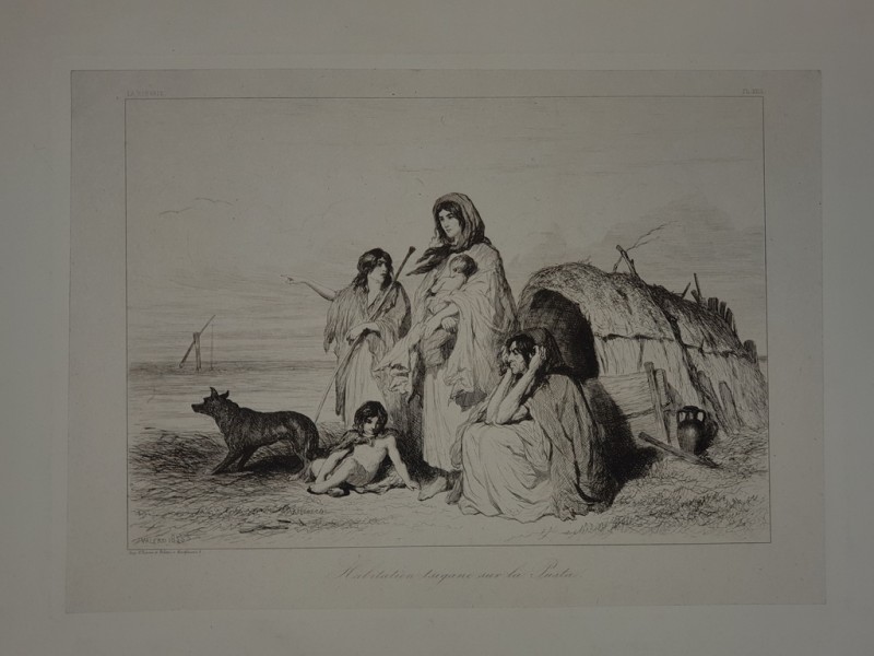 THEODORE VALERIO ( 1819 - 1879 )  , GRAVURA PE METAL : " HABITATION TSIGANE SUR LA PUSTA " , DATA SI SEMNATA IN STANGA JOS , 1855