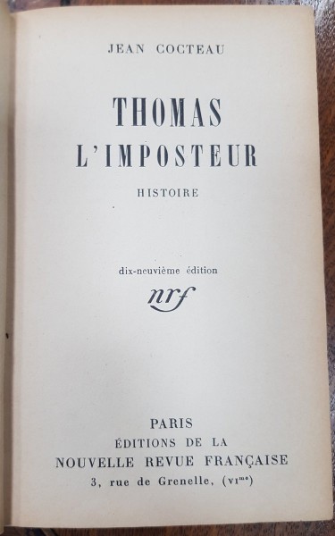 THOMAS L ' IMPOSTEUR , HISTOIRE  par JEAN COCTEAU, Paris