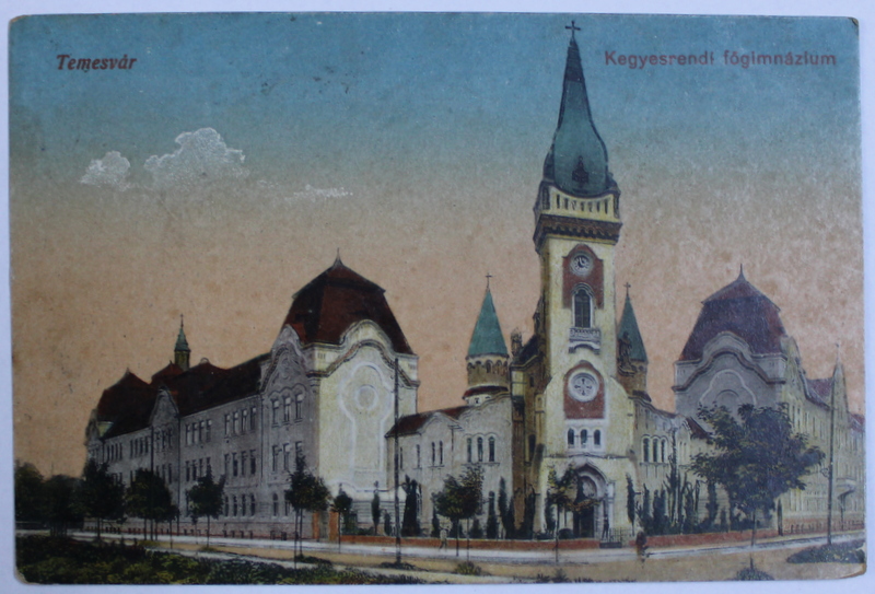 TIMISOARA - LICEUL PIARIST SI BISERICA ROMANO - CATOLICA, CARTE POSTALA ILUSTRATA , POLICROMA, CIRCULATA , DATATA 1920