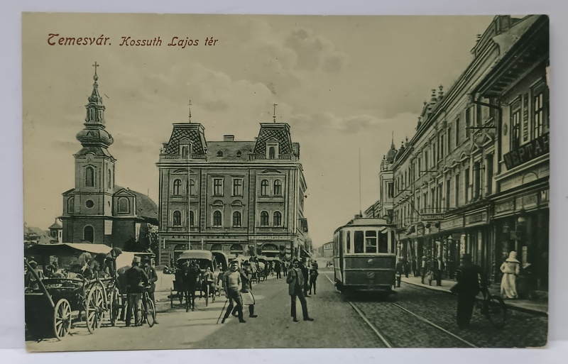 TIMISOARA , PIATA LAJOS KOSSUTH , CU  TRAMVAI SI TRASURI SI LOCALNICI , CARTE POSTALA  ILUSTRATA , CIRCULATA , 1919