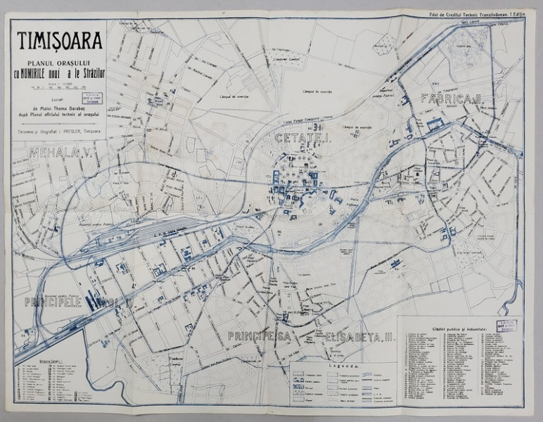 TIMISOARA , PLANUL ORASULUI CU NUMIRILE NOI ALE STRAZILOR de MAIOR THOMA DARABAS , SCARA 1: 10.000 , desenat si litografiiat de I. PREGLER , INTERBELIC