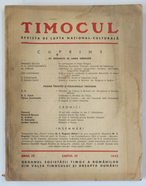 TIMOCUL , REVISTA DE LUPTA NATIONAL - CULTURALA , ANUL IX , CAIETUL III , 1942