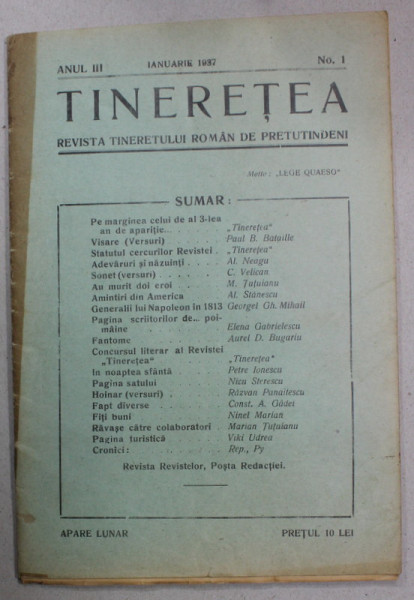 TINERETEA , REVISTA TINERETULUI ROMAN DE PRETUTINDENI , ANUL III , NR. 1, IANUARIE , 1937