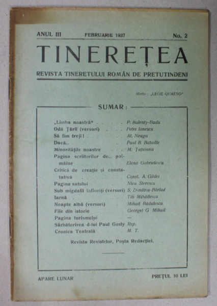 TINERETEA , REVISTA TINERETULUI ROMAN DE PRETUTINDENI , ANUL III , NR. 2,  FEBRUARIE , 1937