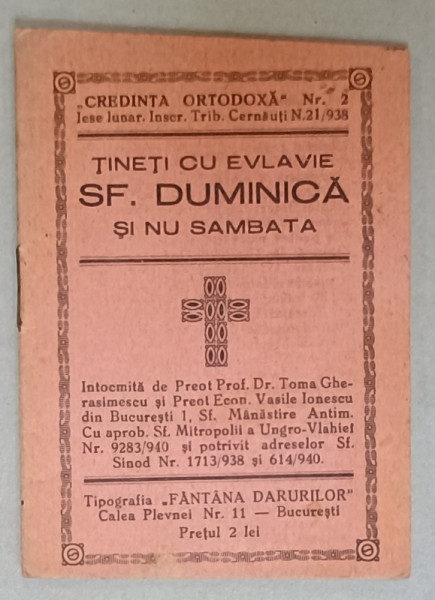 TINETI CU EVLAVIE SFANTA DUMINICA SI NU SAMBATA  de  TOMA GHERASIMESCU si VASILE IONESCU , 1940