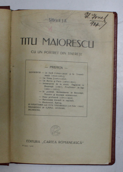 TITU MAIORESCU. CU UN PORTRET DIN TINERETE de SOVEJA  1925