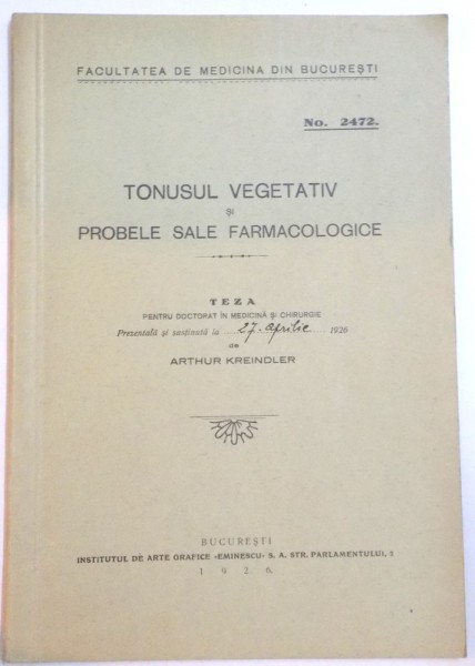 TONUSUL VEGETATIV SI PROBELE SALE FARMACOLOGICE , 1926