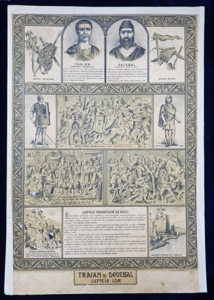 TRAIAN SI DECEBAL , LUPTELE LOR , PLANSA DIDACTICA , GRAVURA  POLICROMA   , PERIOADA INTERBELICA