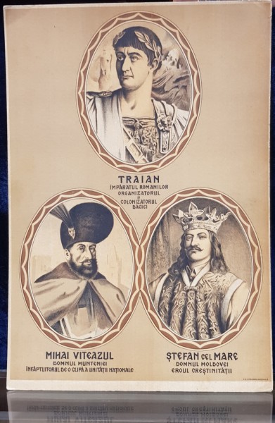 TRAIAN , STEFAN CEL MARE , MIHAI VITEAZUL - LITOGRAFIE ORIGINALA , INTERBELICA , PE CARTON