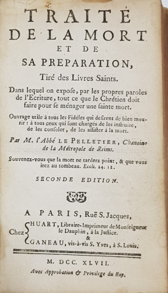 TRAITE DE LA MORT ET DE SA PREPARATION   - TIRE DES LIVRES SAINTS  par M. L 'ABBE LE PELLETIER , 1747