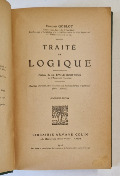 TRAITE DE LOGIQUE par EDMOND GOBLOT , 1925