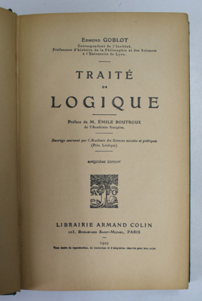 TRAITE DE LOGIQUE par EDMOND GOBLOT , 1929
