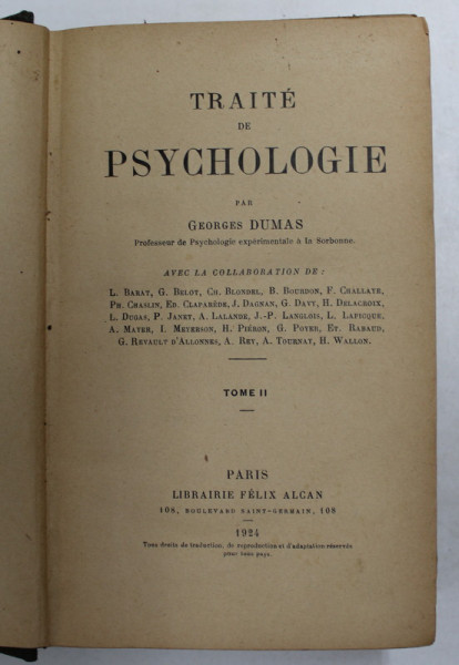TRAITE DE PSYCHOLOGIE par GEORGES DUMAS , VOLUMUL II , 1924