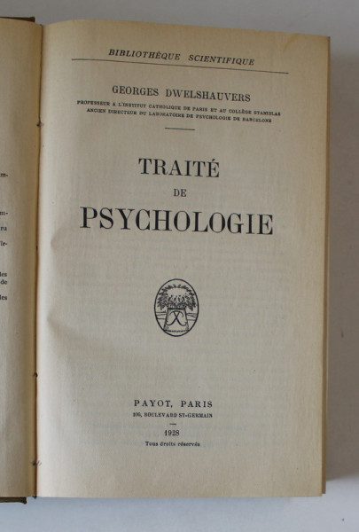 TRAITE DE PSYCHOLOGIE par GEORGES DWELSHAUVERS , 1928