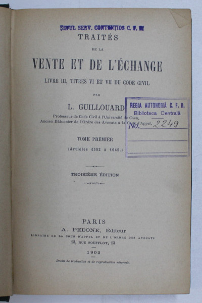 TRAITES DE LA VENTE ET DE L' ECHANGE par L. GUILLOUARD , 1902