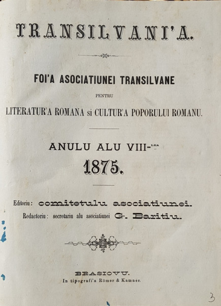 Transilvania, Foaia Asociatiei Transilvane pentru Literatura Romana si Cultura Poporului Roman - Brasov, 1875