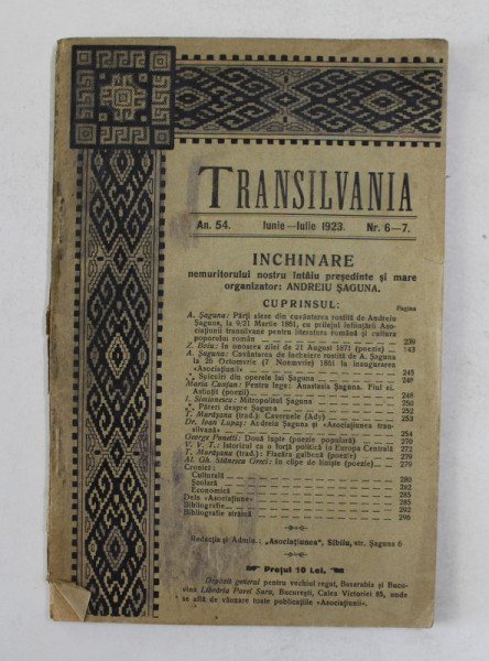 TRANSILVANIA , REVISTA , AN 54 , NR. 6 - 7 , IUNIE - IULIE , 1923
