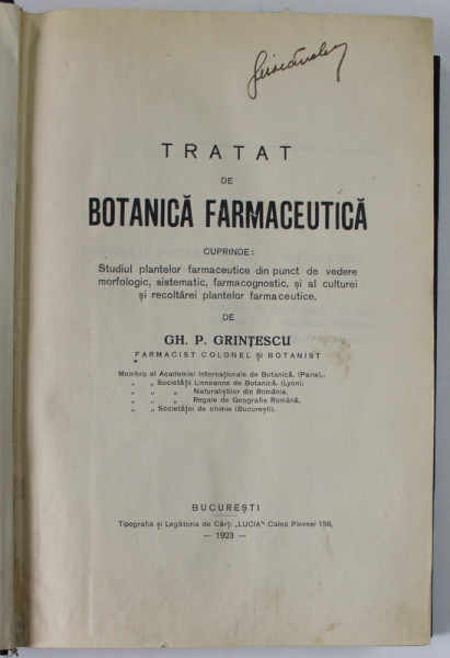 TRATAT DE BOTANICA FARMACEUTICA de GH. P. GRINTESCU , 1923 *LIPSA 6 PLANSE