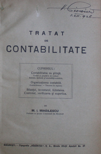 TRATAT DE CONTABILITATE de M.I. MIHAILESCU , EDITIE INTERBELICA