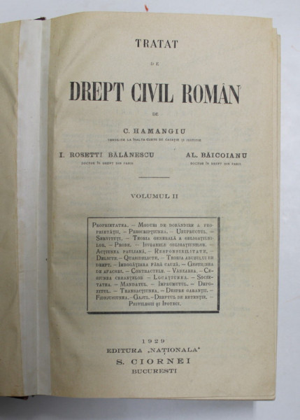 TRATAT DE DREPT CIVIL ROMAN - C. HAMANGIU  VOL. II   BUC. 1929