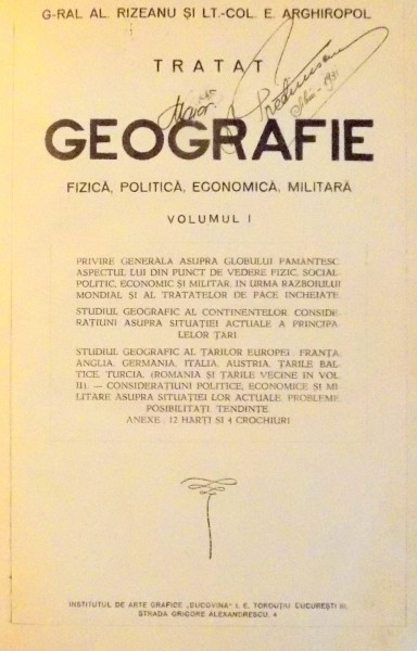 Tratat de geografie fizica , politica , econimica , militara de Al. Rizeanu si E. Arghiropol , Vol I