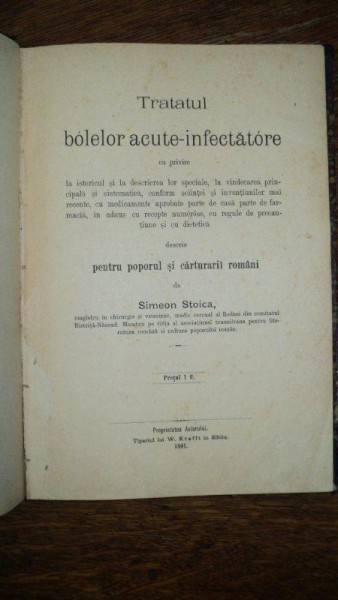 Tratatul bolilor acute infectioase, Simion Stoica, Sibiu 1891