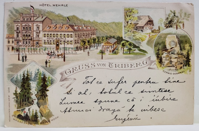 TRIBERG , GERMANIA , HOTEL WEHRLE , GERWIG DENKMAL , WASSERFALL 163 METER HOCH , CARTE POSTALA , CROMOLITOGRAFIE , CLASICA