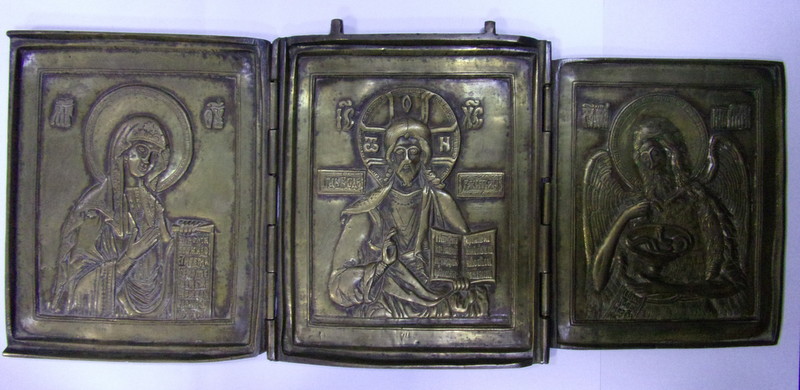 TRIPTIC BRONZ , IISUS CHRISTOS , MAICA DOMNULUI SI SF. IOAN BOTEZATORUL, RUSIA CIRCA 1900