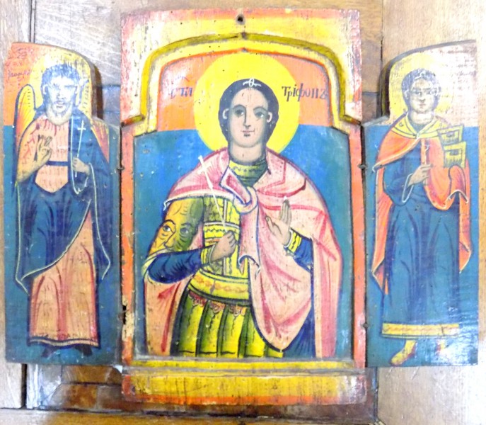 Triptic pe lemn , Sf. Ioan , Trifon si Pantelimon , Sec. XIX